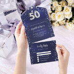Invitación Todo En Uno 50.º cumpleaños estrellas de plata azul marino rsv<br><div class="desc">Un fondo azul marino,  decorado con estrellas. El color azul es desigual. Personalice y agregue el nombre,  los detalles del fiesta,  la fecha RSVP,  la dirección de devolución y el nombre. El número 50 se escribe con un tipo de letra de estilo globo.</div>