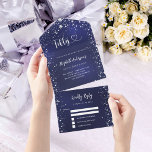 Invitación Todo En Uno 50.º cumpleaños estrellas de plata azul marino rsv<br><div class="desc">Un fondo azul marino,  decorado con estrellas. El color azul es desigual. Personalice y agregue el nombre,  los detalles del fiesta,  la fecha RSVP,  la dirección de devolución y el nombre. Cincuenta está escrito con un corazón.</div>