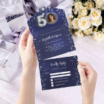 Invitación Todo En Uno 50.º cumpleaños foto azul marino estrellas de plat<br><div class="desc">Un fondo azul marino,  decorado con estrellas. El color azul es desigual. Personalice y agregue una foto,  nombre,  detalles del fiesta,  fecha RSVP,  dirección de retorno y nombre.</div>