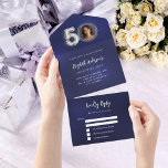 Invitación Todo En Uno 50.º cumpleaños foto de plata azul marino rsvp<br><div class="desc">Un fondo azul marino. El color azul es desigual. Personalice y agregue una foto,  nombre,  detalles del fiesta,  fecha RSVP,  dirección de retorno y nombre. El número 50 está escrito con un tipo de letra en globo en plata falsa.</div>