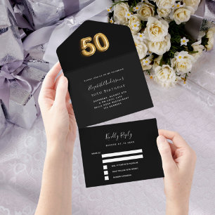 Invitación Todo En Uno 50.º rsvp de oro negro