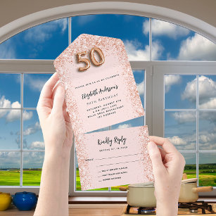 Invitación Todo En Uno 50 cumpleaños rosa oro brillo fiesta RSVP
