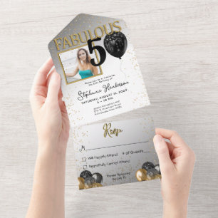 Invitación Todo En Uno 50 y fabuloso Black Gold Glam todo en una sola inv