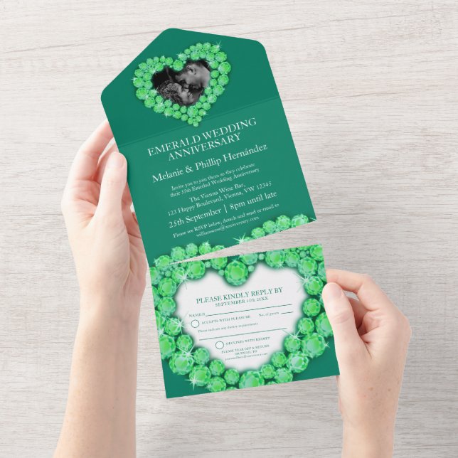Invitación Todo En Uno 55.º boda esmeralda foto verde  (desgarro)