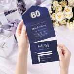 Invitación Todo En Uno 60.ª festividad de plata azul marino rsvp<br><div class="desc">Un fondo azul marino. El color azul es desigual. Personalice y agregue el nombre,  los detalles del fiesta,  la fecha RSVP,  la dirección de devolución y el nombre. El número 60 está escrito con un tipo de letra en globo en plata falsa.</div>
