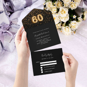Invitación Todo En Uno 60.º cumpleaños confetti negro de oro rsvp
