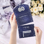 Invitación Todo En Uno 60.º cumpleaños estrellas de plata azul marino rsv<br><div class="desc">Un fondo azul marino,  decorado con estrellas. El color azul es desigual. Personalice y agregue el nombre,  los detalles del fiesta,  la fecha RSVP,  la dirección de devolución y el nombre. El número 60 se escribe con un tipo de letra de estilo globo.</div>