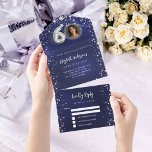 Invitación Todo En Uno 60.º cumpleaños foto azul marino estrellas de plat<br><div class="desc">Un fondo azul marino,  decorado con estrellas. El color azul es desigual. Personalice y agregue una foto,  nombre,  detalles del fiesta,  fecha RSVP,  dirección de retorno y nombre.</div>