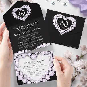 Invitación Todo En Uno 60 aniversario de bodas de diamante negro blanco