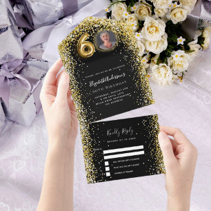 Invitación Todo En Uno 60 años foto de oro negro rsvp
