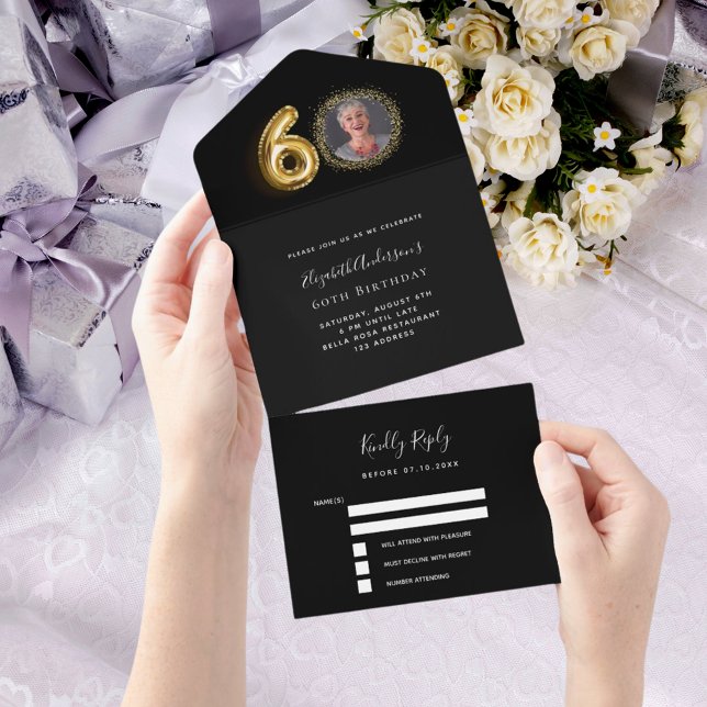 Invitación Todo En Uno 60 años foto de oro negro rsvp (Subido por el creador)