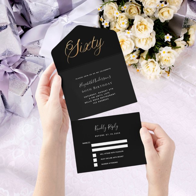Invitación Todo En Uno 60 cumpleaños guión de oro negro rsvp (Subido por el creador)