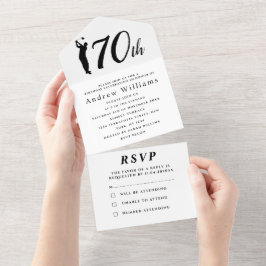 Invitación Todo En Uno 70.ª fiesta de cumpleaños Golfer Black Simple Mode