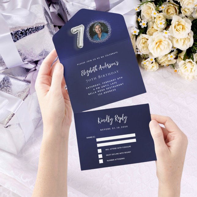 Invitación Todo En Uno 70.º cumpleaños foto de plata azul marino rsvp (Subido por el creador)