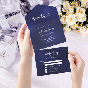 Invitación Todo En Uno 70.º natalicio rsvp de plata azul marino