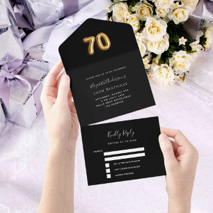 Invitación Todo En Uno 70.º rsvp de oro negro