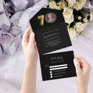 Invitación Todo En Uno 70 años foto de oro negro rsvp