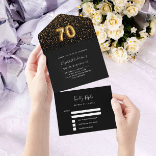 Invitación Todo En Uno 70 cumpleaños confetti de oro negro rsvp