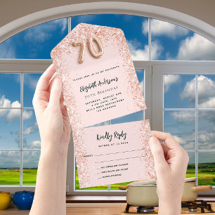 Invitación Todo En Uno 70 cumpleaños rosa oro brillo fiesta RSVP