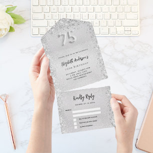 Invitación Todo En Uno 75 cumpleaños purpurina de plata rsvp