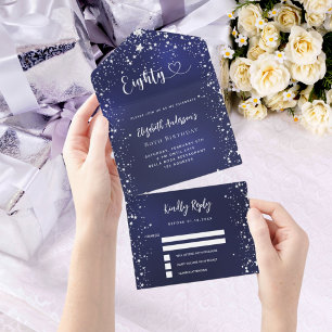 Invitación Todo En Uno 80.º cumpleaños estrellas de plata azul marino rsv