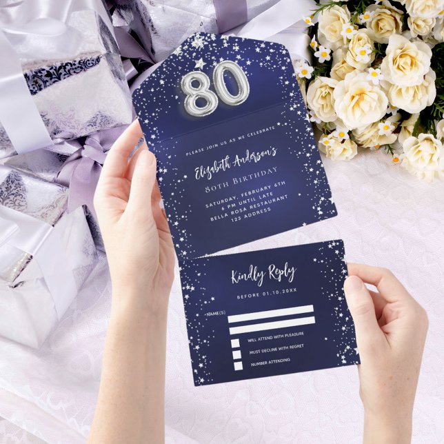 Invitación Todo En Uno 80.º cumpleaños estrellas de plata azul marino rsv (Subido por el creador)