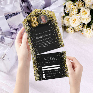 Invitación Todo En Uno 80.º cumpleaños foto de oro negro rsvp
