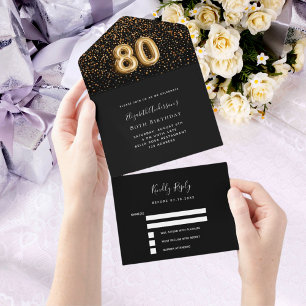 Invitación Todo En Uno 80 cumpleaños confetti negro de oro rsvp
