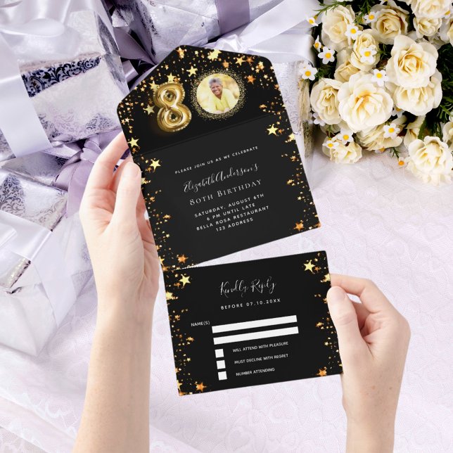 Invitación Todo En Uno 80 cumpleaños estrellas de oro negro foto rsvp (Subido por el creador)