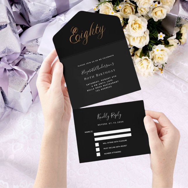 Invitación Todo En Uno 80 cumpleaños guión de oro negro rsvp (Subido por el creador)