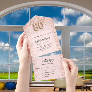 Invitación Todo En Uno 80 cumpleaños rosa oro brillo fiesta RSVP