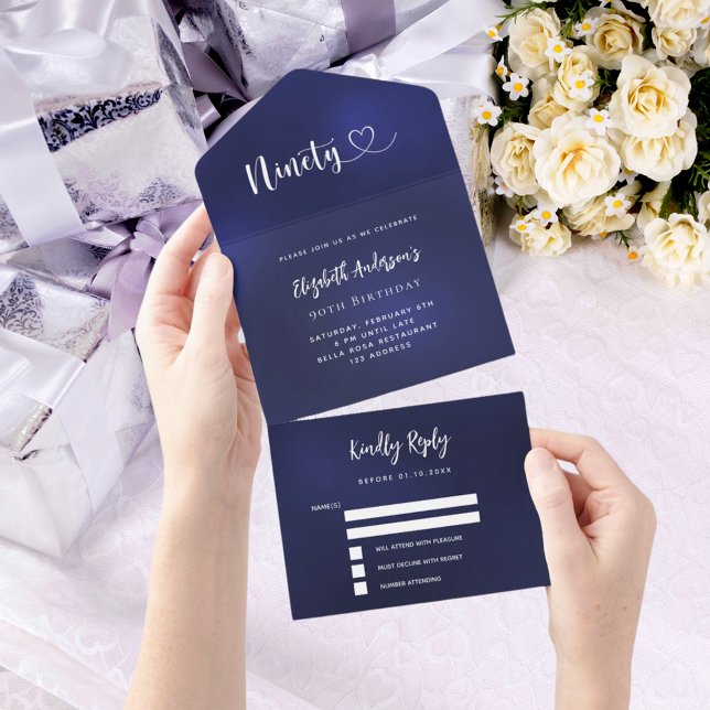 Invitación Todo En Uno 90.ª festividad de plata azul marino rsvp (Subido por el creador)