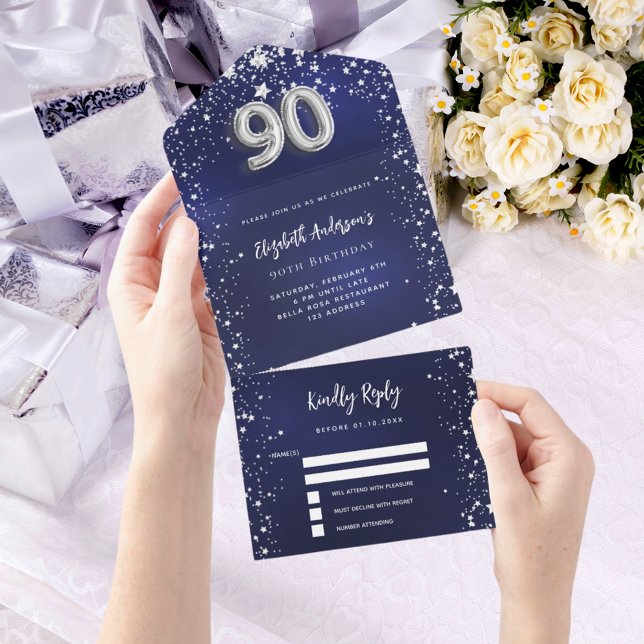 Invitación Todo En Uno 90.º cumpleaños estrellas de plata azul marino rsv (Subido por el creador)