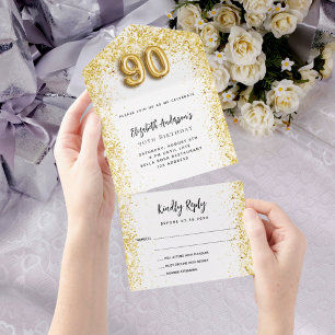 Invitación Todo En Uno 90 años fiesta de oro blanco RSVP