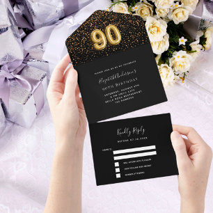 Invitación Todo En Uno 90 cumpleaños confetti negro de oro rsvp