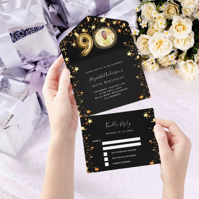 Invitación Todo En Uno 90 cumpleaños estrellas de oro negro foto rsvp (Subido por el creador)