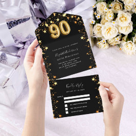 Invitación Todo En Uno 90 cumpleaños estrellas de oro negro rsvp