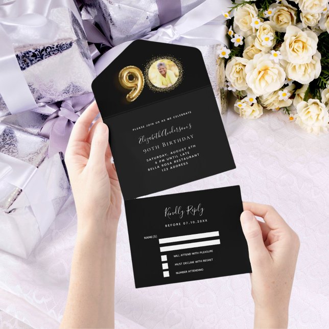 Invitación Todo En Uno 90 cumpleaños foto de oro negro rsvp (Subido por el creador)