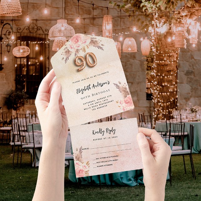 Invitación Todo En Uno 90 cumpleaños pampas rosa de flores rosadas RSVP (Subido por el creador)
