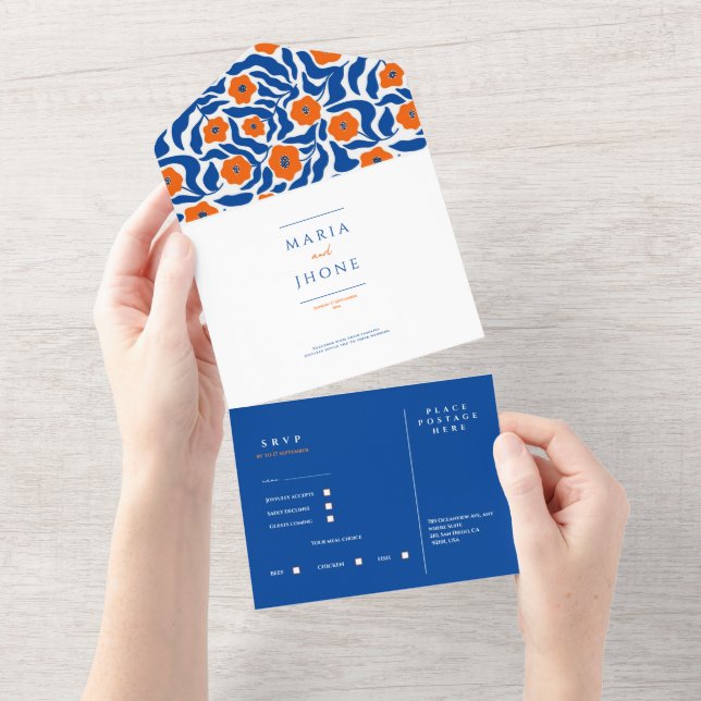 Invitación Todo En Uno abstract botanical blue orange wedding RSVP All-in (desgarro)