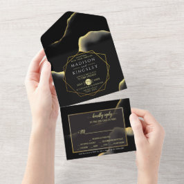 Invitación Todo En Uno Aceite de tinta negro y 💍 dorado moderno abstract