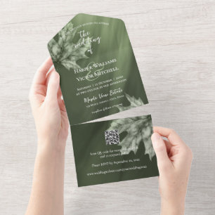Invitación Todo En Uno acento de hojas de arce en el código QR verde musg