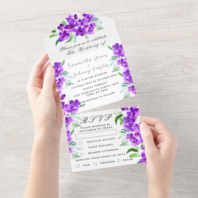 Invitación Todo En Uno Acuarela Boda de Floral Púrpura Lilac Botánico (desgarro)