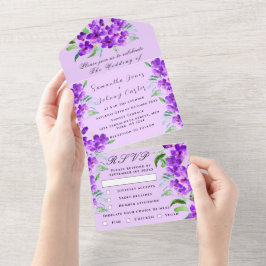 Invitación Todo En Uno Acuarela Boda de Floral Púrpura Lilac Botánico