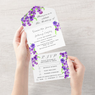 Invitación Todo En Uno Acuarela Boda de Floral Púrpura Lilac Botánico