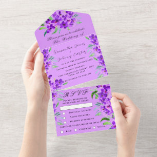 Invitación Todo En Uno Acuarela Boda de Floral Púrpura Lilac Botánico