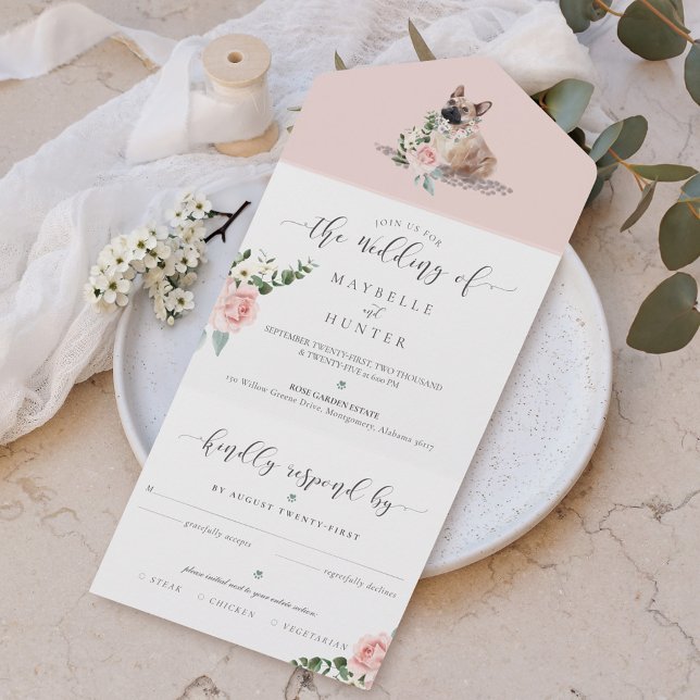 Invitación Todo En Uno Acuarela Bulldog francés Perro y rosa floral (Watercolor French Bulldog Dog & Floral Pink Rose All In One Invitation)