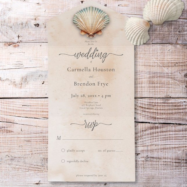 Invitación Todo En Uno Acuarela de arena costera moderna sin cena (Modern Coastal Seashell Sand Watercolor No Dinner All In One Invitation)