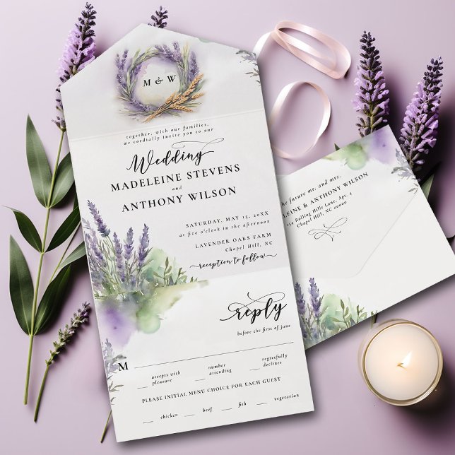 Invitación Todo En Uno Acuarela de lavanda rústica Boda romántico moderno (rustic lavender all in one tri fold wedding invitation modern watercolor romantic elegant wreath)