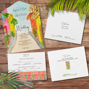 Invitación Todo En Uno Acuarela Exótica Boda Jardín exuberante de Aves